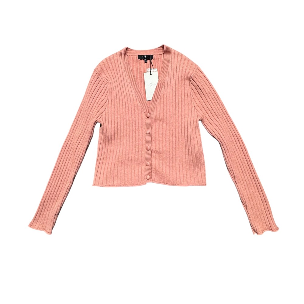 7 For All Mankind Fitted Ribbed Cardigan Sweater Pink NWT‎ Medium Button Font